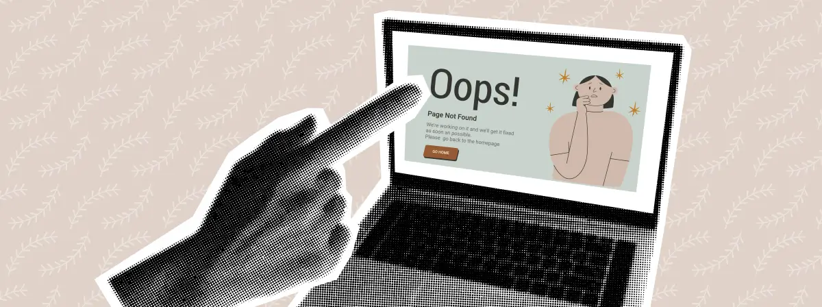 A collage of a hand pointing at a laptop, showing an error screen