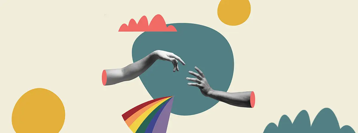 collage-style image of hands, clouds and a rainbow