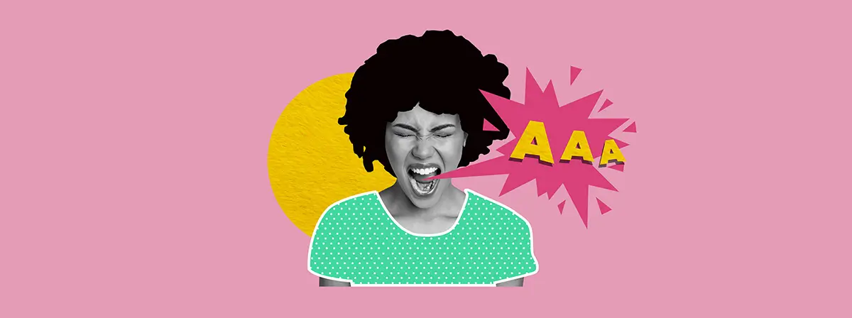 A collage illustration of a person showing stress, with a speech bubble containing "AAAAAAA"