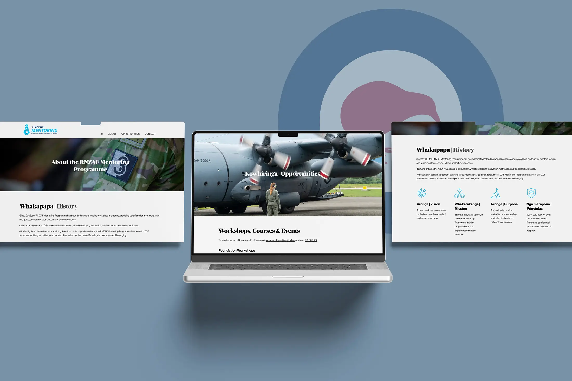 Image showing screens from the rnzafmentoring.co.nz website designed and built by Two Sparrows