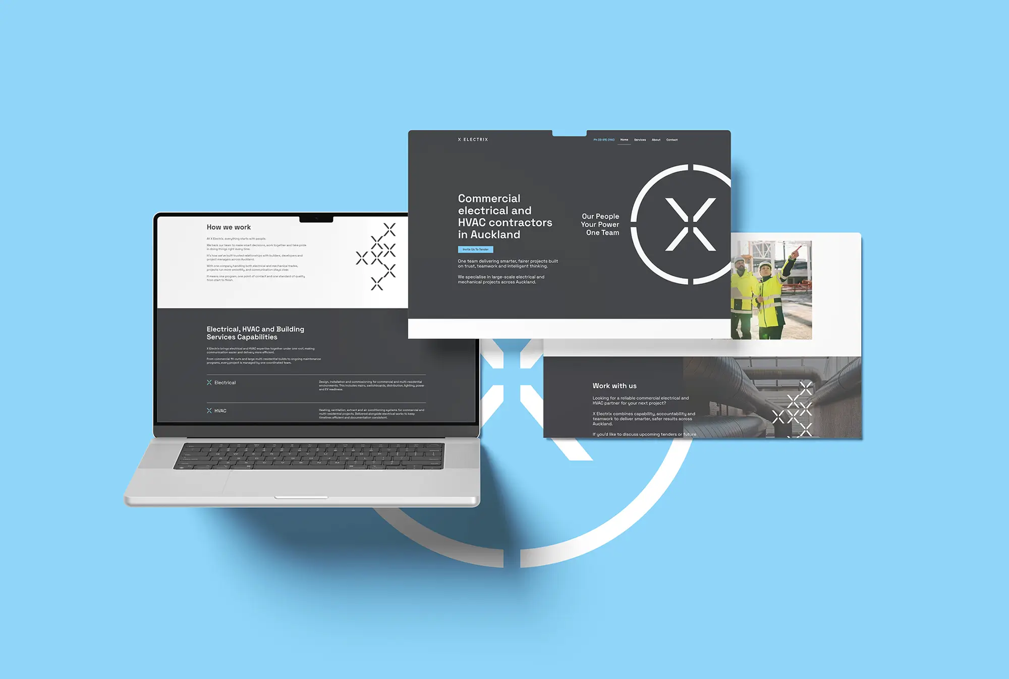 Image shows screen views of the website Two Sparrows built for X Electrix